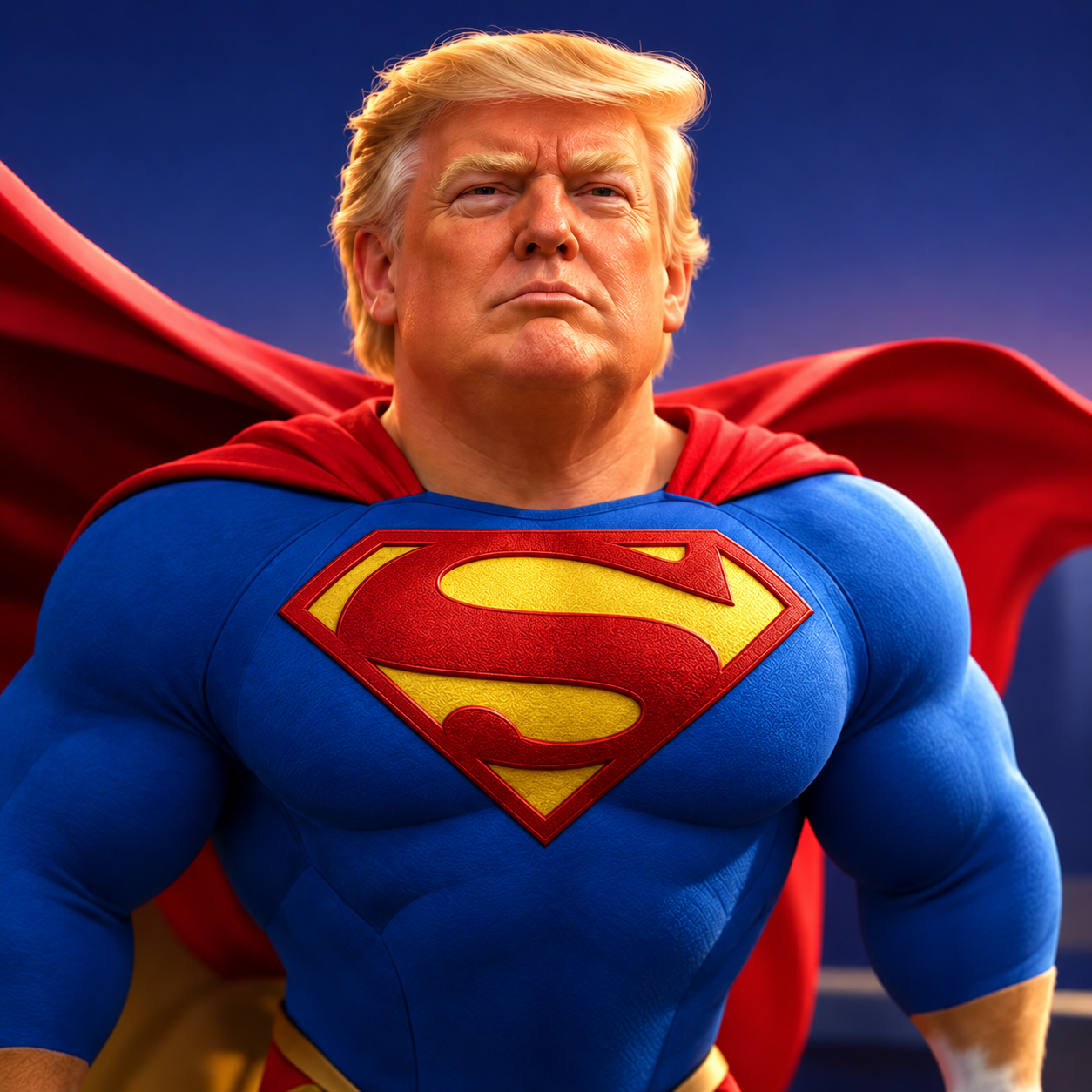 Satirical superhero in a blue suit and red cape with a large S emblem